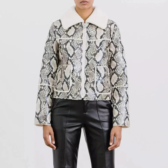 Stand Studio Stockholm Maj Faux Snakeskin Print Teddy Fur Bomber Jacket Small - Picture 1 of 15